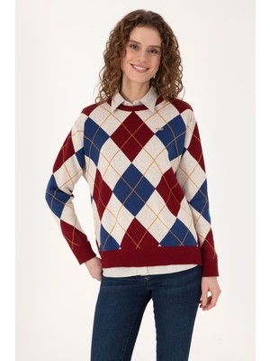 U.S. Polo Assn. Kadın Bordo Baklava Desenli Bisiklet Yaka Kazak 50309632-VR014