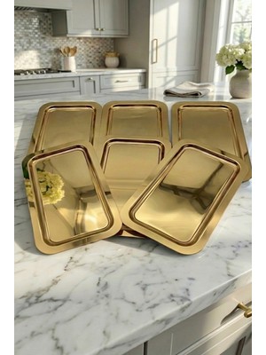 Fabriona Parlak Gümüş/gold Renk 6’lı Lüx Kısa Baton Tepsi 14X24 cm – Çay Kahve ve Söz Nişan Tepsisi