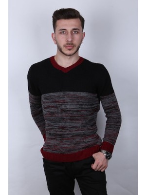 buğrahayalin Desenli Iki Renk V Yaka Erkek Günlük Triko Kazak