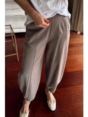 Nana & Mayka Moda Kadın Vizon Şalvar Pantolon Salaş Dört Mevsim Rahat Pamuk Lastikli Bel Günlük Model Gabardin