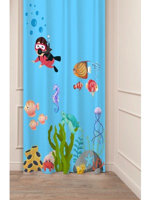 Greendecor Deniz Okyanus Balık Desenli Özel Tasarım Dijital Baskılı (Tek Kanat) Modern Çocuk Odası Fon Perde