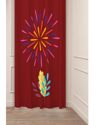 Greendecor Bohem Yaprak Geometrik Çizgi Lamba Desenli Özel Tasarım Dijital Baskılı (Tek Kanat) Modern Fon Perde