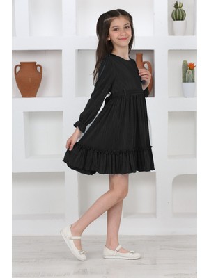 Pantulux Kız Çocuk Örme Saten Çanta Detaylı Pliseli  Astarlı ELBISE-ELB-2043