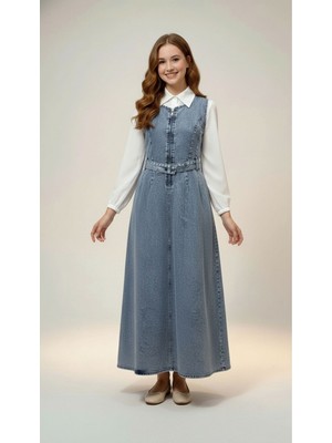 Pantulux Kız Çocuk Tesettür Uzun Kot Elbise Gömlekli Takım – Şık ve RAHAT-ELB-2051-9028