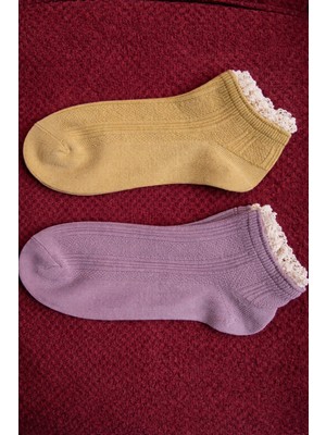 TrendyChic Hardal ve Mor Paçası Fırfırlı Çorap