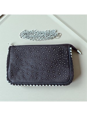 Gözde Mağazacılık Zincir Askılı Taş Detaylı Siyah Bölmeli Kadın El Omuz Çantası