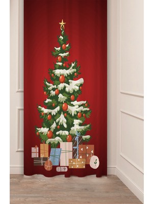 Greendecor Yılbaşı Çam Ağacı Noel Ağacı Kar Yeni Yıl Christmas Desenli Özel Tasarımlı Dijital Baskılı Fon Perde