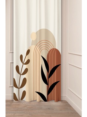 Greendecor Yaprak Bohem Minimalist Bej Krem Desenli Özel Tasarım Dijital Baskılı (Tek Kanat) Modern Fon Perde