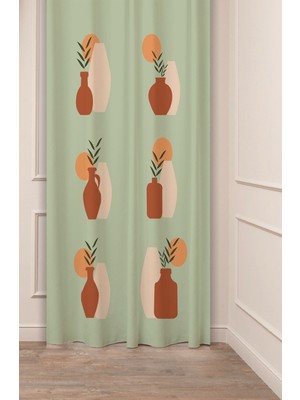 Greendecor Güneş Vazo Yaprak Bohem Desenli Özel Tasarım Dijital Baskılı (Tek Kanat) Modern Şık Yeşil Fon Perde