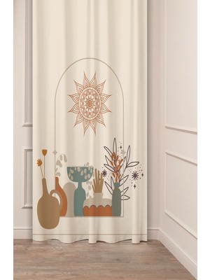 Greendecor Minimalist Soft Sade Pastel Yaprak Bohem Özel Tasarım Dijital Baskılı (Tek Kanat) Bej Krem Fon Perde