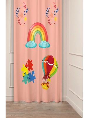 Greendecor Gökkuşağı Yapboz Balon Özel Tasarım Desenli Dijital Baskılı (Tek Kanat) Çocuk Odası Modern Fon Perde