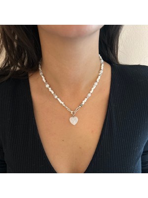 Suerte Accessories Ay Taşı Doğal Taş Kristal Boncuk Silver Aksesuar Ay Taşı Kalp Uç Özel Tasarım Minimal Kadın Kolye