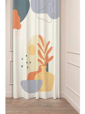 Greendecor Bohem Vazo Yaprak Geometrik Çizgili Özel Tasarım Soft Dijital Baskılı (Tek Kanat) Modern Fon Perde