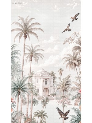 Renkli  Palmiyeler Ev Kuşlar Poster Duvar Kağıdı