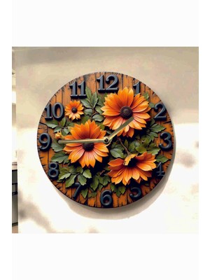 AA Shop Çiçek Bitki Renkli Baskı Desenli Sayılı Hediyelik Ahşap Sessiz Tablo Duvar Saati 715