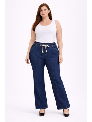 Şans Kadın Büyük Beden Lacivert, Çima Dikişli, Yüksel Bel, Lastik ve Bağcıklı Cepli Kot Pantolon 65N39325