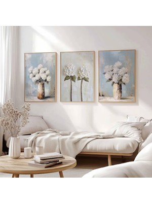 Pam Studio Mavi Bej Çiçek Desenli 3’lü Tablo Seti – Zarif Vazo Temalı Duvar Dekoru