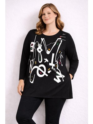 Şans Kadın Büyük Beden Siyah, Baskılı Uzun Kol A Kesim Viskon Bluz 65N39354
