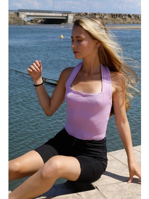End Black Store Boyun Geçirmeli Triko Kadın Büstiyer Lila P-019915