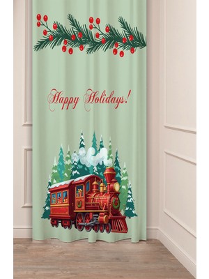 Greendecor Yılbaşı Çam Ağacı Noel Ağacı Kar Yeni Yıl Christmas Desenli Özel Tasarımlı Dijital Baskılı Fon Perde