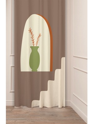 Greendecor Vazo Bohem Yaprak Geometrik Desen Desenli Özel Tasarım Dijital Baskılı (Tek Kanat) Şık Fon Perde