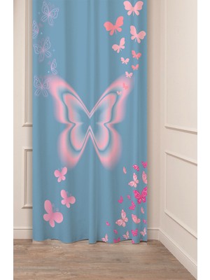 Greendecor Kelebek Aşk Sevgi Mavi Pembe Desenli Özel Tasarım Dijital Baskılı (Tek Kanat) Şık Modern Fon Perde