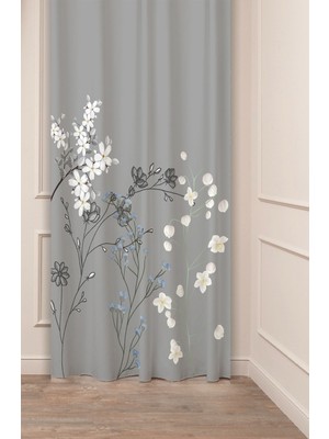 Greendecor Çiçek Yaprak Bohem Sade Soft Gri Desenli Özel Tasarım Dijital Baskılı (Tek Kanat) Şık Fon Perde