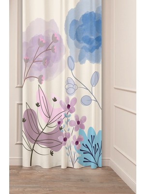 Greendecor Bohem Çiçekler Yaprak Bej Krem Desenli Özel Tasarım Dijital Baskılı (Tek Kanat) Modern Fon Perde