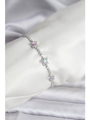 Inure Jewelry Renkli Yıldız Model Zirkon Taşlı Gümüş Renk Pirinç Su Yolu Kadın Bileklik