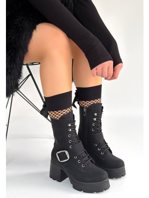 Modanı Seç Linma Siyah Nubuk Bağcıklı Topuklu Bot