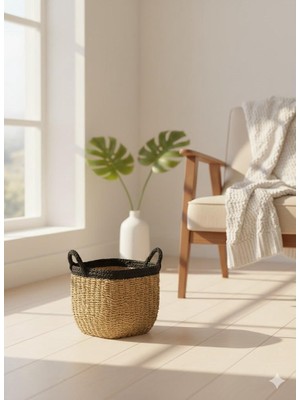 Panalı Kare Siyah Detaylı Sepet Küçük 30X27X25 cm