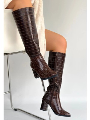 Colezium Morena Acı Kahve Desenli Rugan Topuklu Çizme