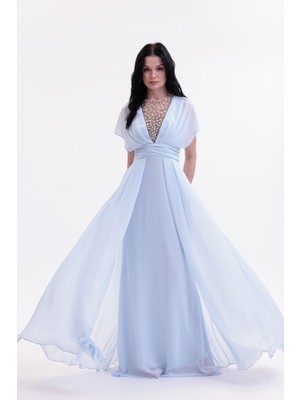 Bdm Exclusive V Yaka El Işi Taş Detaylı Şifon ve Krep Uzun Abiye Elbise