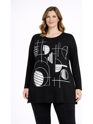Şans Kadın Büyük Beden Siyah, Baskı ve Taş Detaylı, Yan Yırtmaç Bluz 65N39344