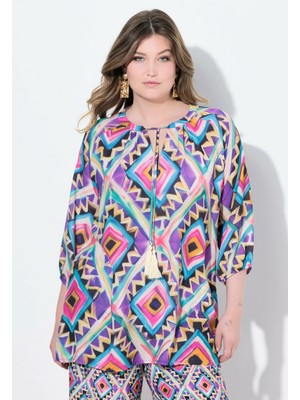 Şans Kadın Büyük Beden Mor, Bağcıklı Yuvarlak Yaka, Desenli Tunik 65N39103