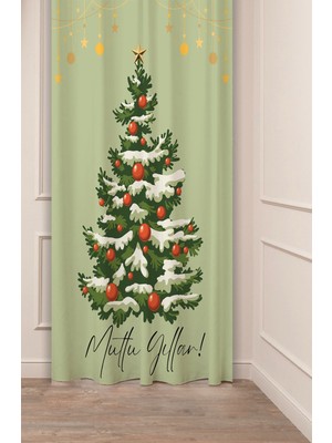 Greendecor Yılbaşı Çam Ağacı Noel Ağacı Kar Yeni Yıl Christmas Desenli Özel Tasarımlı Dijital Baskılı Fon Perde