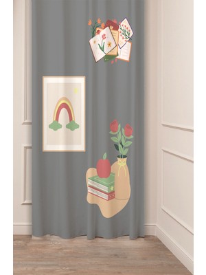 Greendecor Mektup Aşk Elma Çiçek Yaprak Bohem Desenli Özel Tasarım Dijital Baskılı (Tek Kanat) Gri Fon Perde