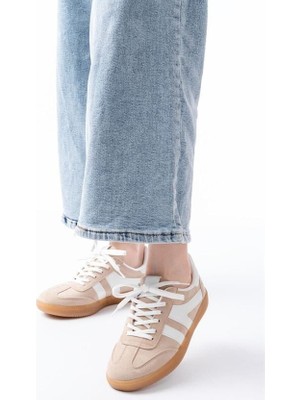 Sibel Gürel M-1004 Bej Süet Bağcıklı Termo Taban Günlük Kadın Spor