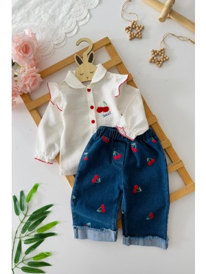 Miniğimin Cicileri Kiraz Desenli Volanlı Kız Bebek 2 Li Takım - Ekru
