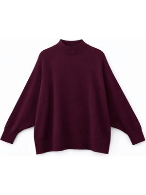 Mixray 7003 Kadın Oversize Dik Yaka Basic Triko Kazak Mürdüm