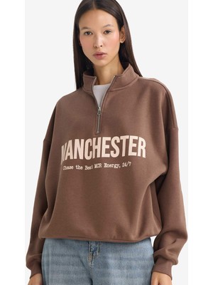 DeFacto Oversize Yarım Fermuarlı Baskılı Kalın Kumaş Sweatshirt G6186AX25CW