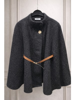 Nsade Kışlık Yaka Düğmeli Deri Kemerli Pelerin Panço