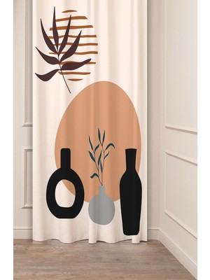 Greendecor Yaprak Vazo Bohem Minimalist Bej Desenli Özel Tasarım Dijital Baskılı (Tek Kanat) Modern Fon Perde