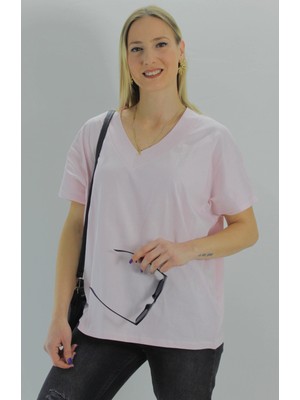 End Black Store Geniş V Yaka Kadın Tişört Açık Pembe 1090.35