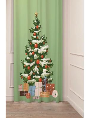 Greendecor Yılbaşı Çam Ağacı Noel Ağacı Kar Yeni Yıl Christmas Desenli Özel Tasarımlı Dijital Baskılı Fon Perde