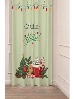 Greendecor Yılbaşı Çam Ağacı Noel Ağacı Kar Yeni Yıl Christmas Desenli Özel Tasarımlı Dijital Baskılı Fon Perde