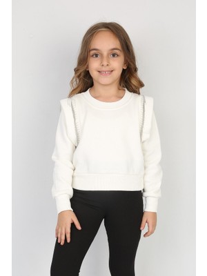 buğrahayalin Üç Iplik Şardonlu Omuz Detaylı Kız Çocuk Günlük Crop Sweatshirt