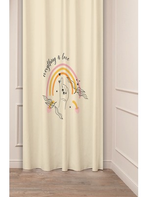 Greendecor Everything Is Love Aşk Bohem Çiçekler Bej Desenli Özel Tasarım Dijital Baskılı (Tek Kanat) Fon Perde