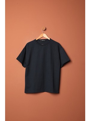 End Black Store Sıfır Yaka Oversize Iki Iplik Kadın Tişört Lacivert