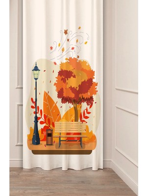 Greendecor Sonbahar Altın Yaprak Sokak Lambası Doğa Desenli Özel Tasarım Dijital Baskılı Şık Tarz Fon Perde